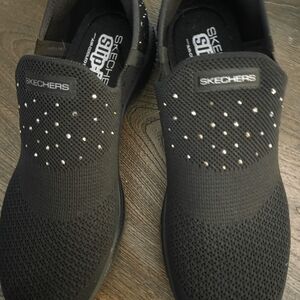 Skechers Black Slip-On Sneakers for Women  Rhinestone Detail